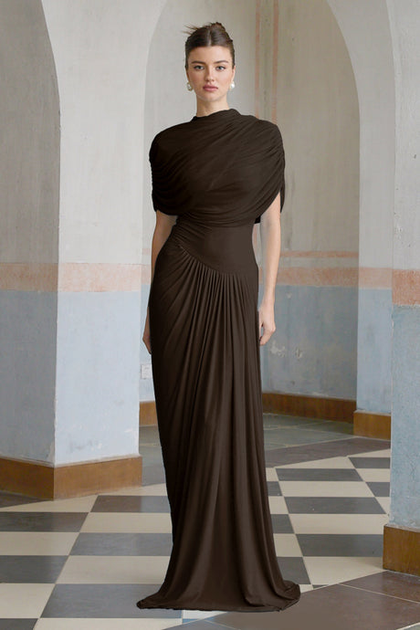 Aurohaya Catherine asymmetrical pleated maxi dress in Brown