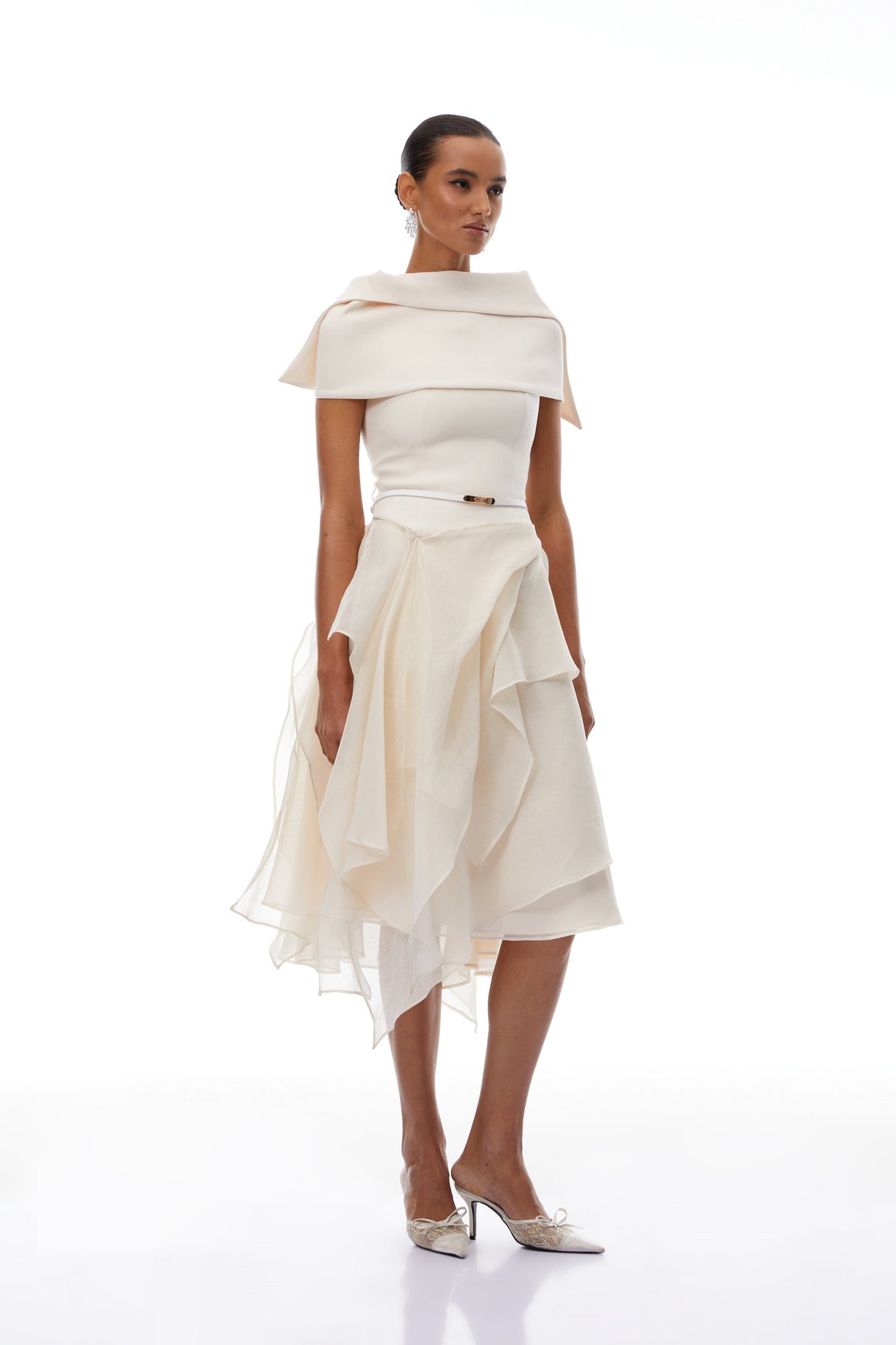 Aurohaya Aria White Asymmetrical Shawl & Tulle Panel Dress Set