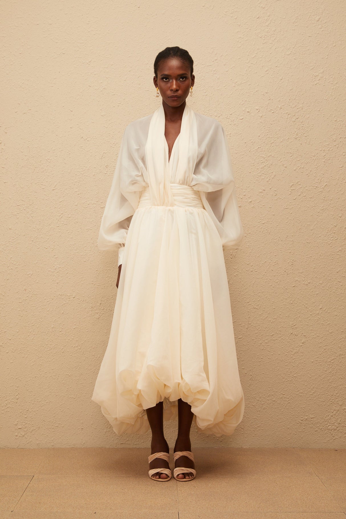 Aurohaya Riley Cream White Draped Tulle Maxi Dress