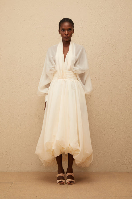 Aurohaya Riley Cream White Draped Tulle Maxi Dress