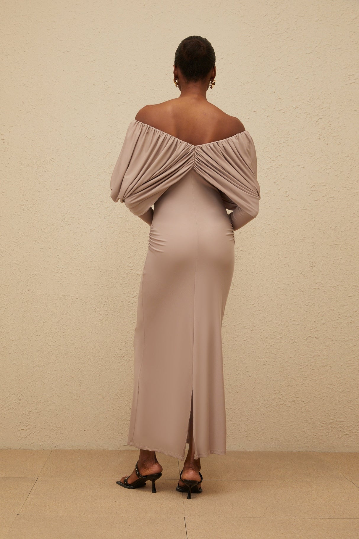 Aurohaya Roxane Grey Ruched Shift Midi Dress