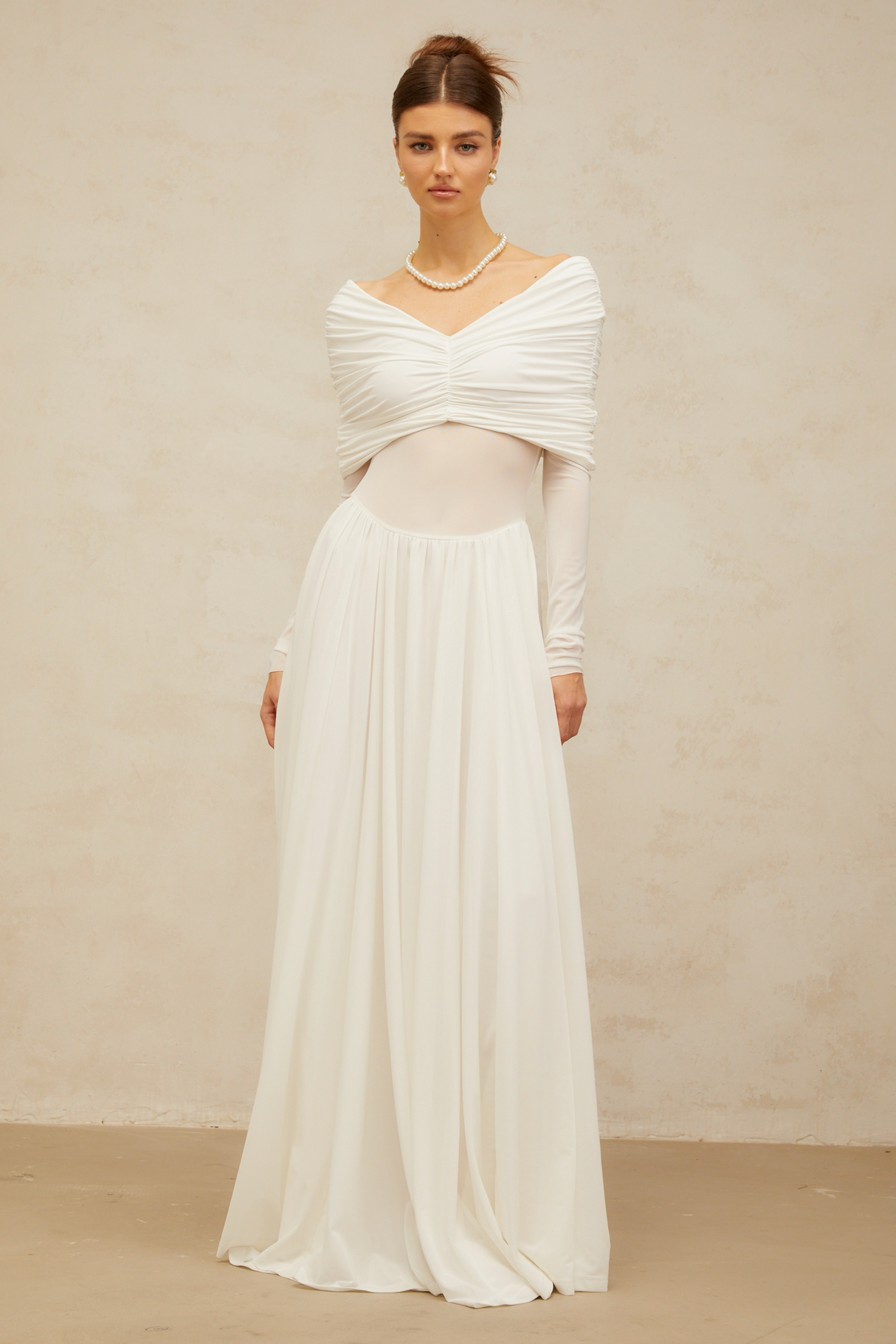 Aurohaya Vérane White Draped-detail Ruched Maxi Dress