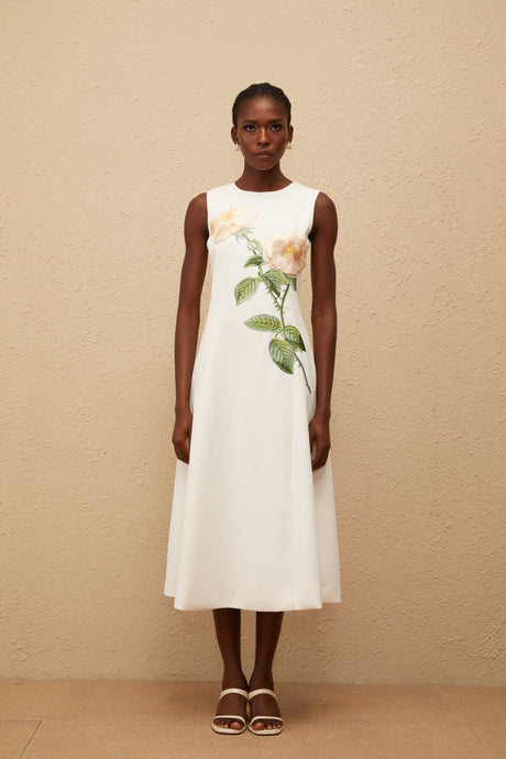 Aurohaya Mackenzie White Floral Embroidered Midi Dress