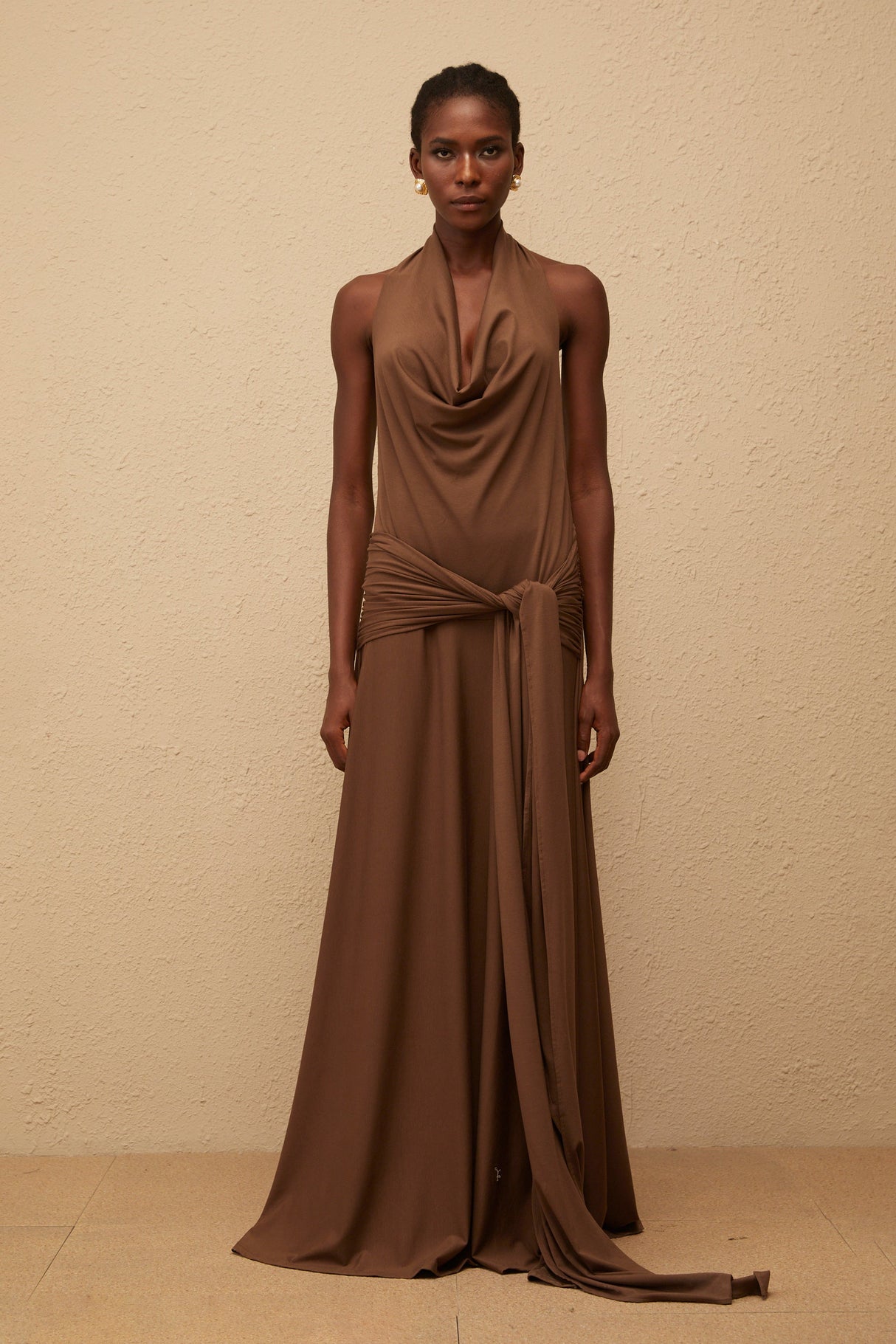 Aurohaya Minna Brown Halterneck Twisted Maxi Dress