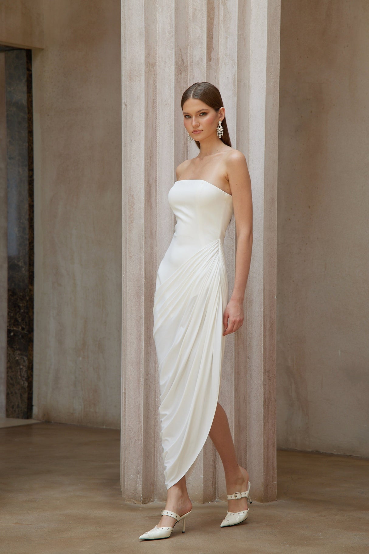 Aurohaya Wanda White Asymmetrical Ruched Midi Dress