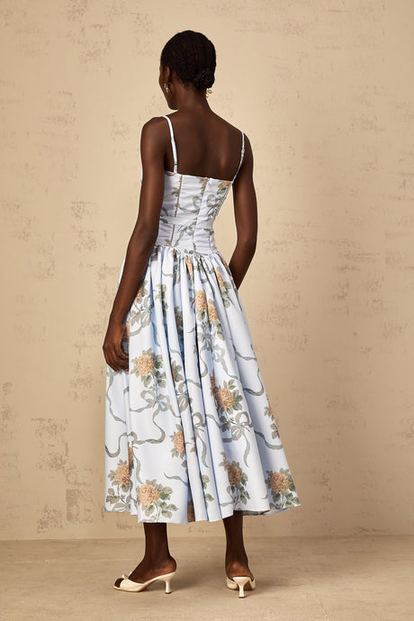 Aurohaya Fleur Blue Floral Print Midi Dress