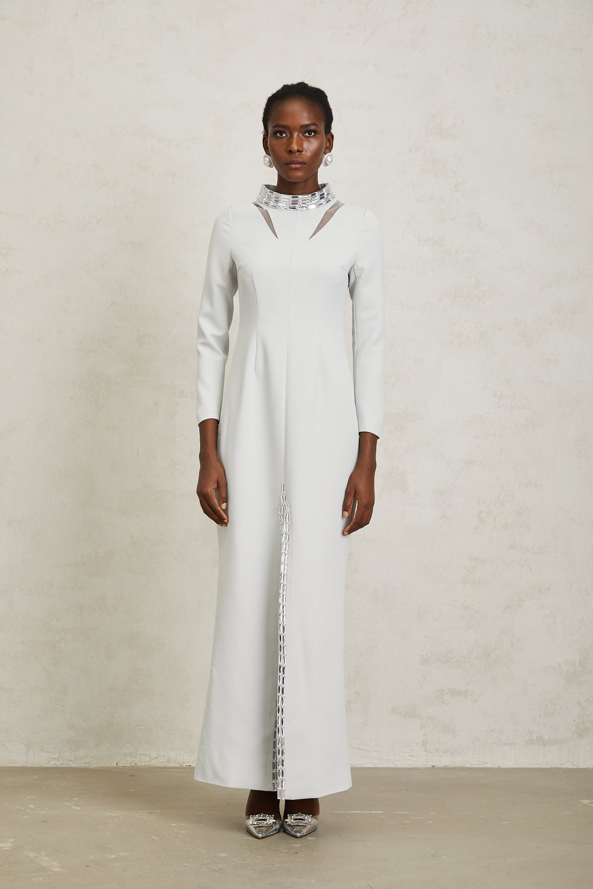 Aurohaya Magdalena Light Grey Crystal Embellished Maxi Dress
