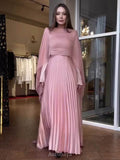 Waist-Cinching Long-Sleeve Pleated Maxi Cape Dress