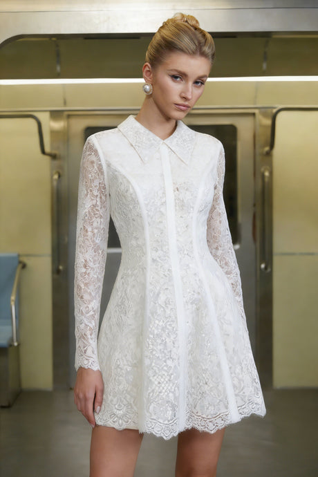 Aurohaya Aleksandra White Sequin Floral Lace Mini Dress