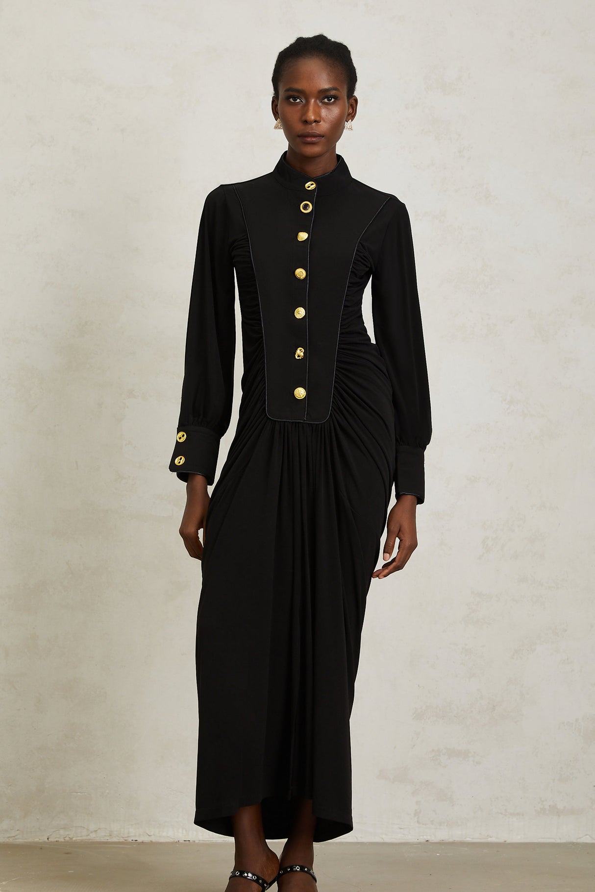 Aurohaya Brooklyn Black Gathered Draped Maxi Dress