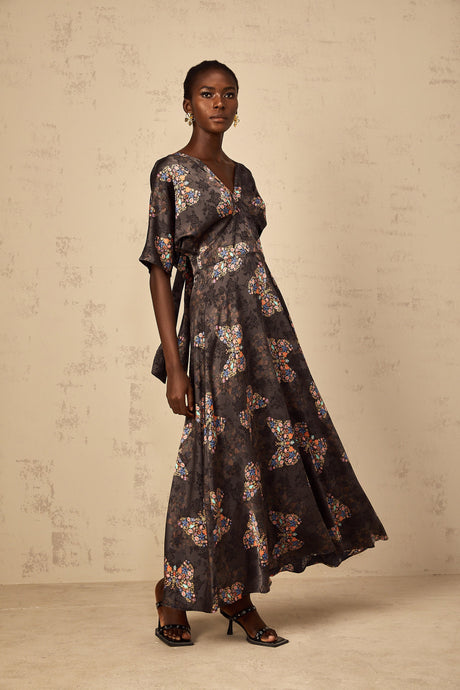 Aurohaya Glannon Black Self-Tie Butterfly Print Maxi Dress