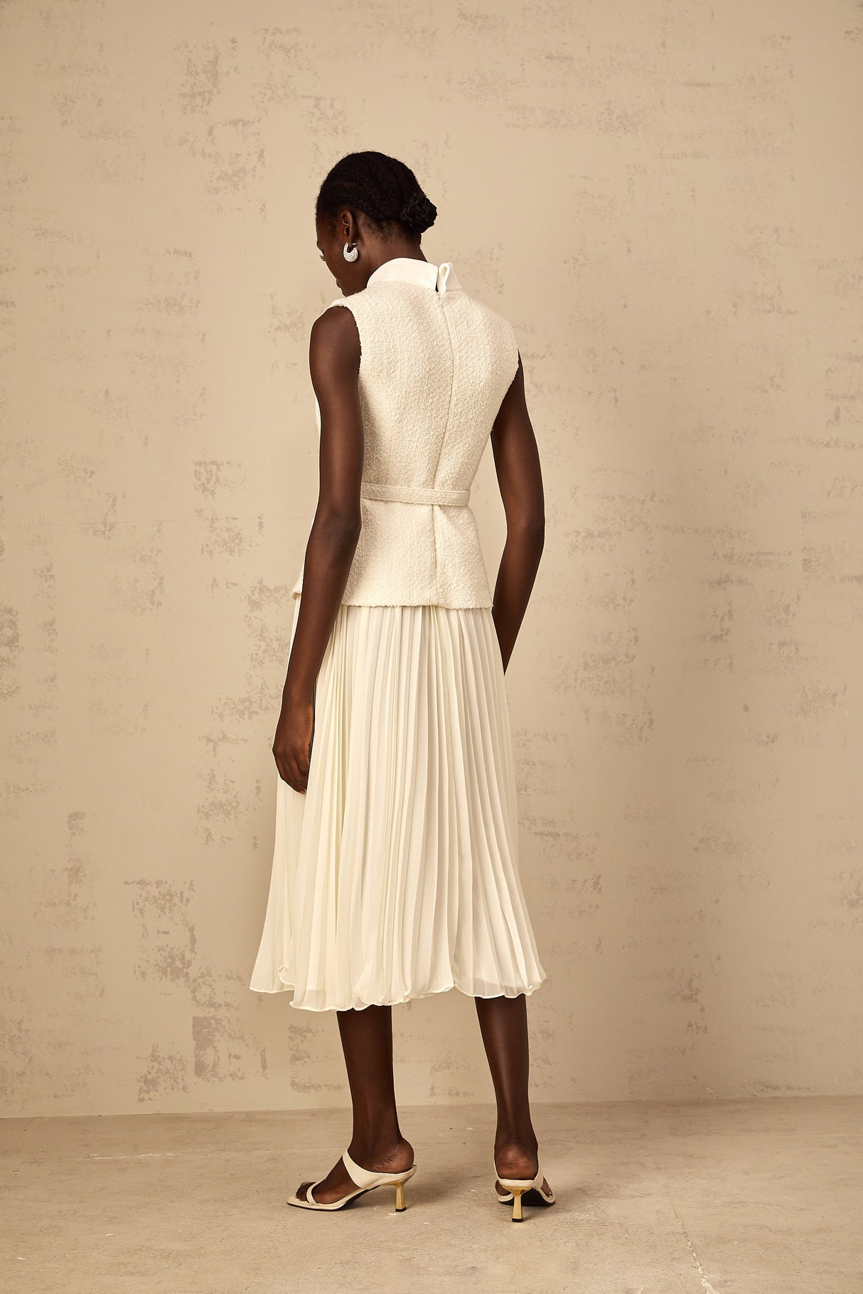 Aurohaya Dulcie Off-White Tulle Panel Tweed Midi Dress