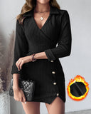 Polo V-Neck Long Sleeve Fleece Lined Bodycon Dress Slit Button Decor Ribbed Mini Dress