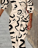 Abstract Print Turn-down Collar Tied Detail Ruched Dress Casual Wrap Front Vacation Dress