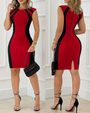 Colorblock Round Neck Sleeveless Zipper Back Midi Dress Slit Back Bodycon Dress