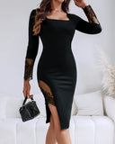 Square Neck Long Sleeve Eyelash Lace Spliced Slit Evening Dress Zipper Back Asymmetrical Hem Slim Fit Dress