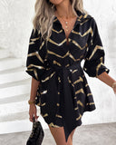 Bronzing Chevron Print Turn-down Collar Tied Detail Shirt Dress