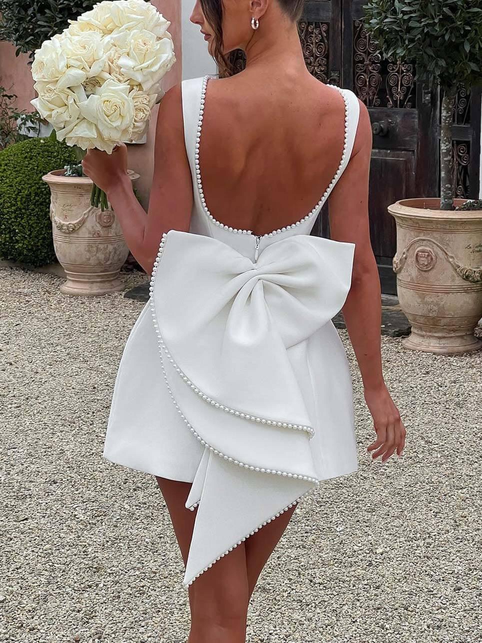 Aurohaya Elegant Pearl Bow Fitted Mini Dress White