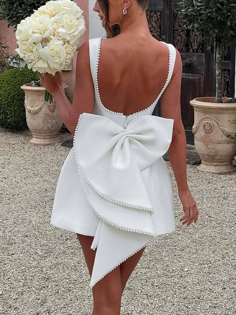 Aurohaya Elegant Pearl Bow Fitted Mini Dress White