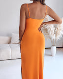 Metal Ring Decor V-Neck Adjustable Spaghetti Straps Bodycon Dress High Slit Hollow-out Evening Dress