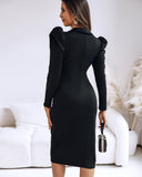 Deep V Neck Puff Sleeve Waist Multi Metal Buckle Decor Slit Dress Casual Zipper Front Commuting Dress