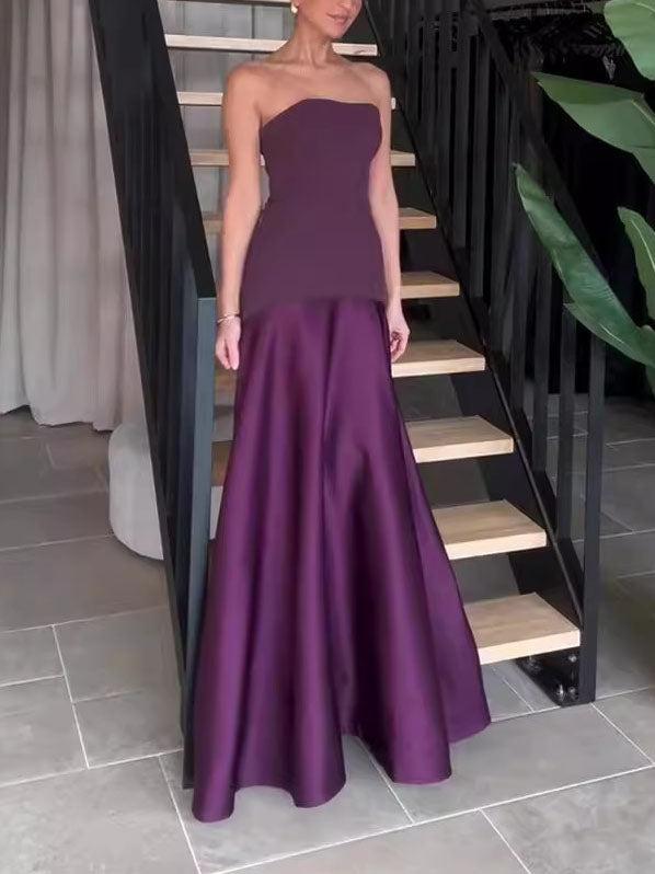 Aurohaya Elegant Satin One-Shoulder A-Line Maxi Dress Purple