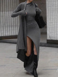 Aurohaya Unique knitted long sleeve sexy slit slim Maxi Dress Gray