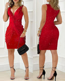 Glitter Twist Design Deep V Neck Sleeveless Bodycon Dress Ruched Party Dress