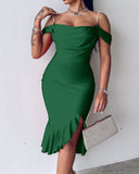 Cold Shoulder Pearls Straps Bodycon Dress Cowl Neck Asymmetrical Ruffle Hem Party Dress