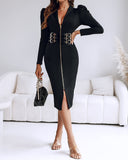 Deep V Neck Puff Sleeve Waist Multi Metal Buckle Decor Slit Dress Casual Zipper Front Commuting Dress