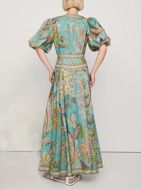 Aurohaya Unique Satin Vintage Floral Print Puff Sleeve Midi Dress