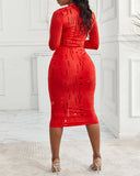 Mock Neck Long Sleeve Hollow Out Bodycon Dress Sexy Party Dress