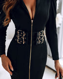 Deep V Neck Puff Sleeve Waist Multi Metal Buckle Decor Slit Dress Casual Zipper Front Commuting Dress