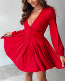 Deep V Neck Lantern Sleeve Ruched Pleated A Line Flowy Dress Single Breasted Decor Cinched Waist Party Dress
