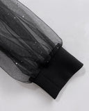 Glitter Sheer Mesh Spliced Overlap V-Neck Mesh Lantern Sleeve Mini Party Dress Ruched Zipper Back Slim Fit Evening Dress