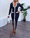 Pearls Button Decor Contrast Paneled Turn-down Collar Slit Front Dress Zipper Side Flap Detail Slim Fit Commuting Dress