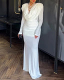 Cowl Neck Ruched Zipper Back Slim Fit Maxi Dress Casual Padded Shoulders Backless Evening Dress