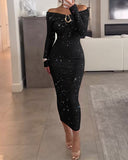 Off Shoulder Long Sleeve Chic Mental Buckle Ruched Mid-Calf Dress