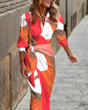 All Over Print Turn Down Collar Tied Detail Dress Casual Ruched Wrap Front Vacation Dress