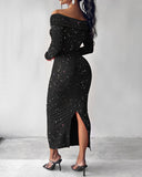 Off Shoulder Long Sleeve Chic Mental Buckle Ruched Mid-Calf Dress