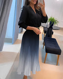Ombre Plunge Pleated Midi Dress With Chain Decor Belt