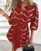 Bronzing Chevron Print Turn-down Collar Tied Detail Shirt Dress