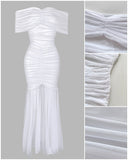 Foldover Off Shoulder Ruched Cinched Waist Minimalist Evening Dress Slim Fit Mermaid Hem Party Dress