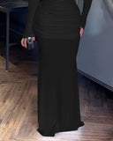 Cowl Neck Ruched Zipper Back Slim Fit Maxi Dress Casual Padded Shoulders Backless Evening Dress