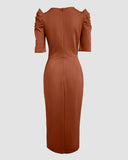 3D Flower Decor Round Neck Puff Sleeve Bodycon Dress Casual Ruched Slit Zipper Back Work Dress