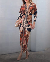 Vintage Baroque Deep V Neck Long Sleeve Slit Bodycon Dress Ruched Slim Fit Vacation Dress