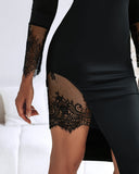 Square Neck Long Sleeve Eyelash Lace Spliced Slit Evening Dress Zipper Back Asymmetrical Hem Slim Fit Dress