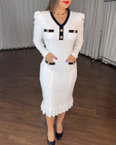 Button Decor Contrast Paneled V-Neck Puff Sleeve Zipper Back Commuting Dress Pockets Design Pleated Hem Tweed Dress