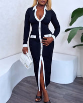 Pearls Button Decor Contrast Paneled Turn-down Collar Slit Front Dress Zipper Side Flap Detail Slim Fit Commuting Dress