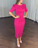 3D Flower Decor Round Neck Puff Sleeve Bodycon Dress Casual Ruched Slit Zipper Back Work Dress